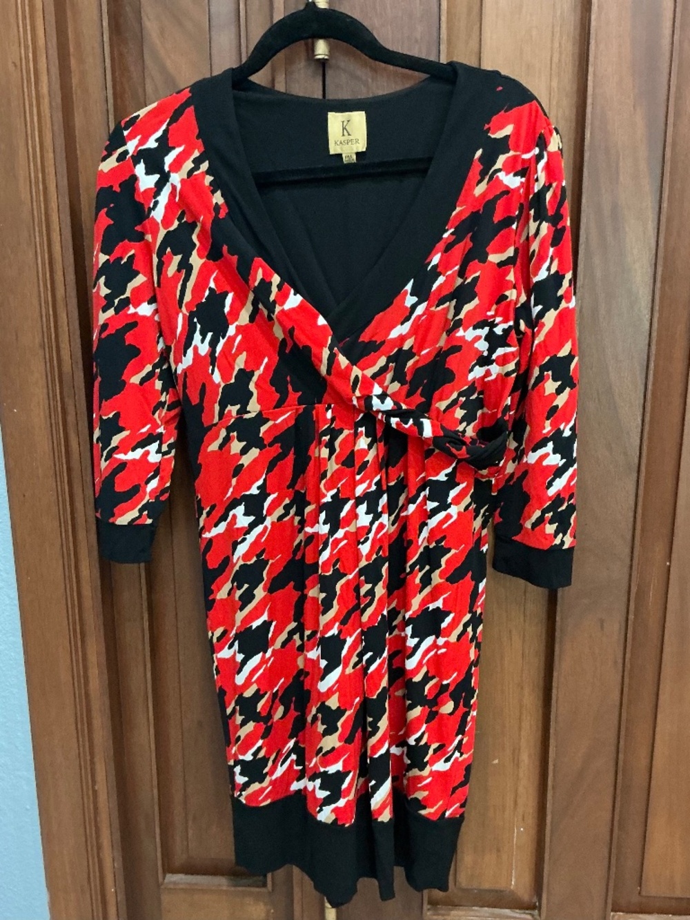Kasper: Red Abstract Camo Print Faux-Wrap V-Neck Dress